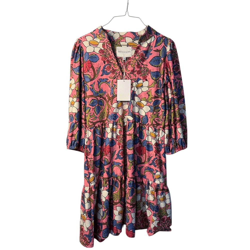 NWT Smith & Quinn Dress Pink Floral Tiered Ruffle V-Neck Mini XS Women's Beachy